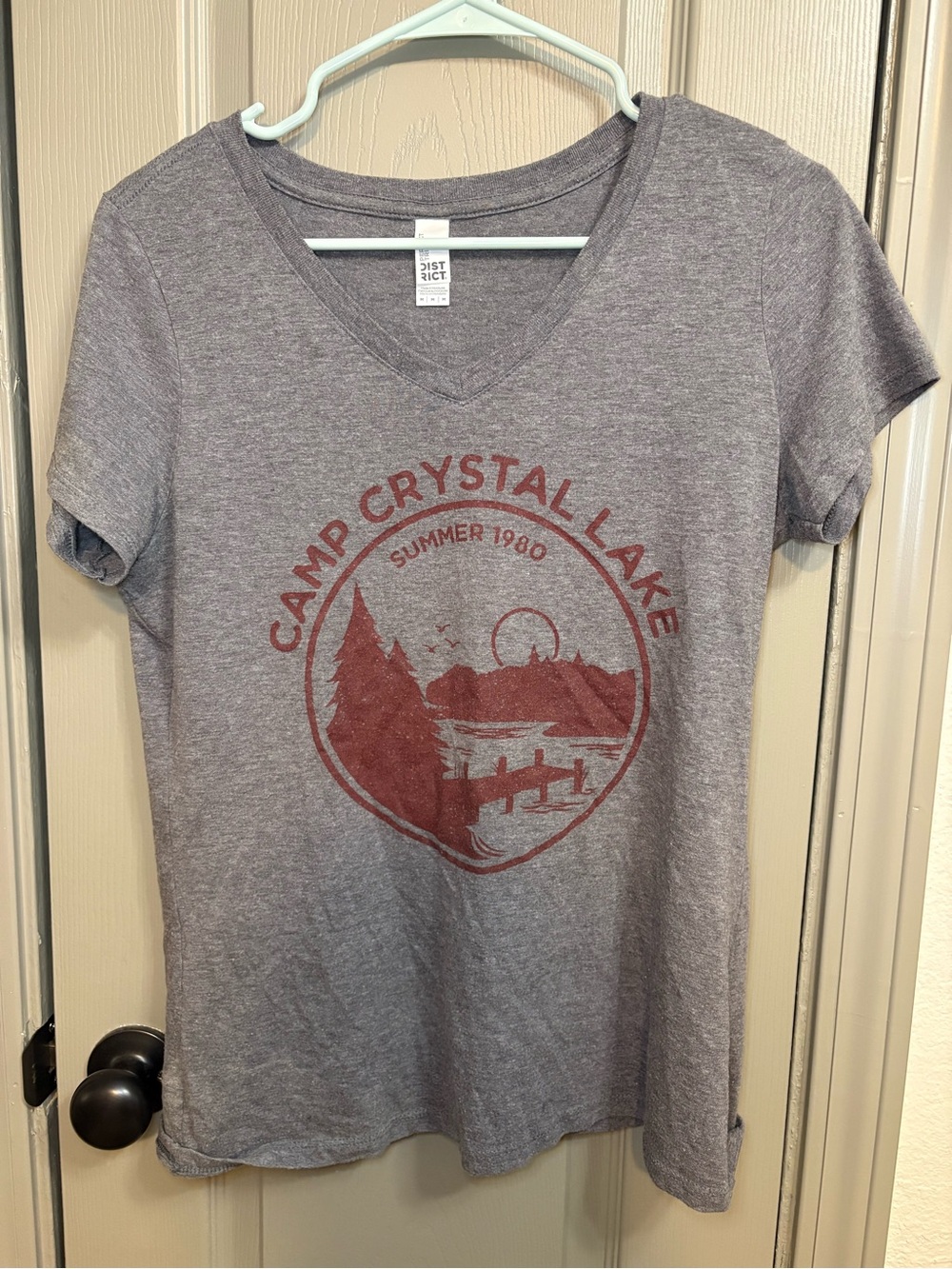 District Women's Camp Crystal Lake V-Neck Tee - Heather Gray with Red Graphic
